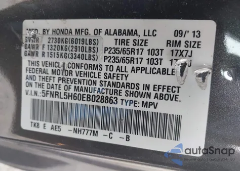 2014 Honda Odyssey Ex-L z USA, uszkodzony, nr VIN 5FNRL5H60EB028863